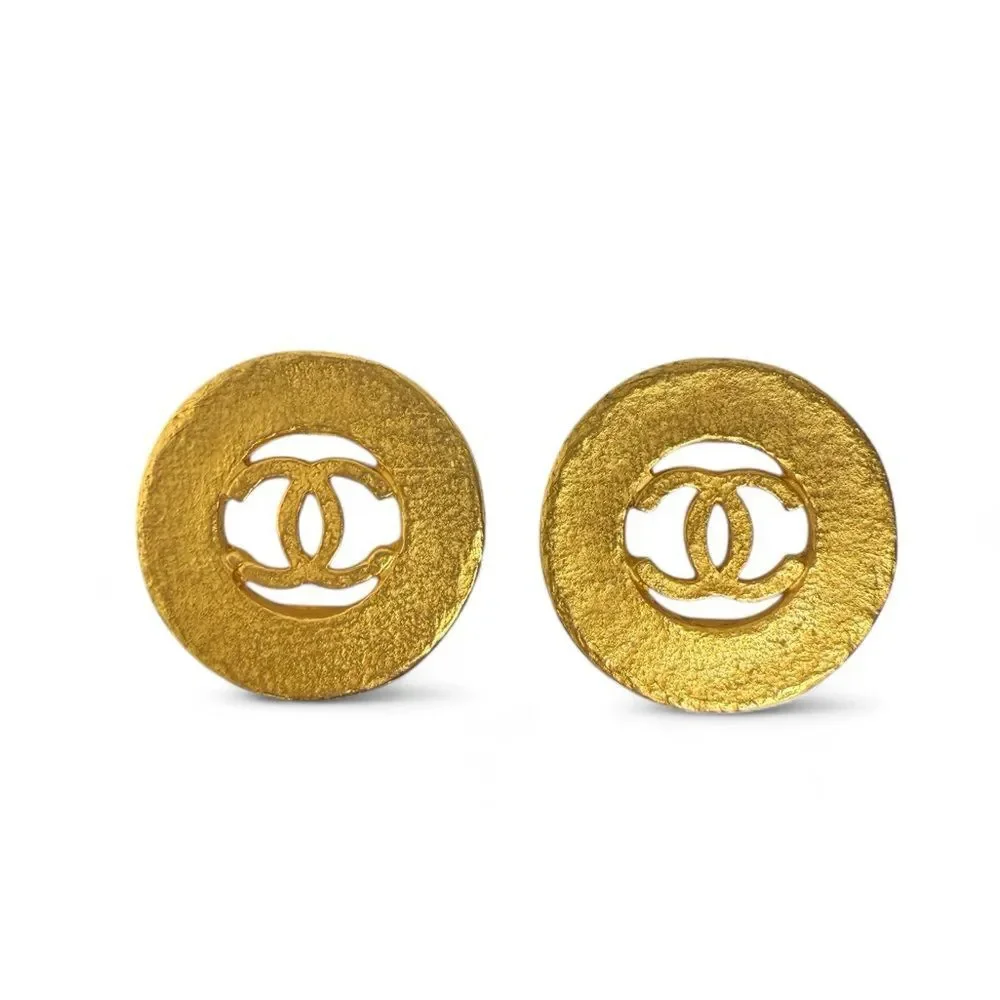 CHANEL Vintage CC Logo Gold Plated Circular Earrings